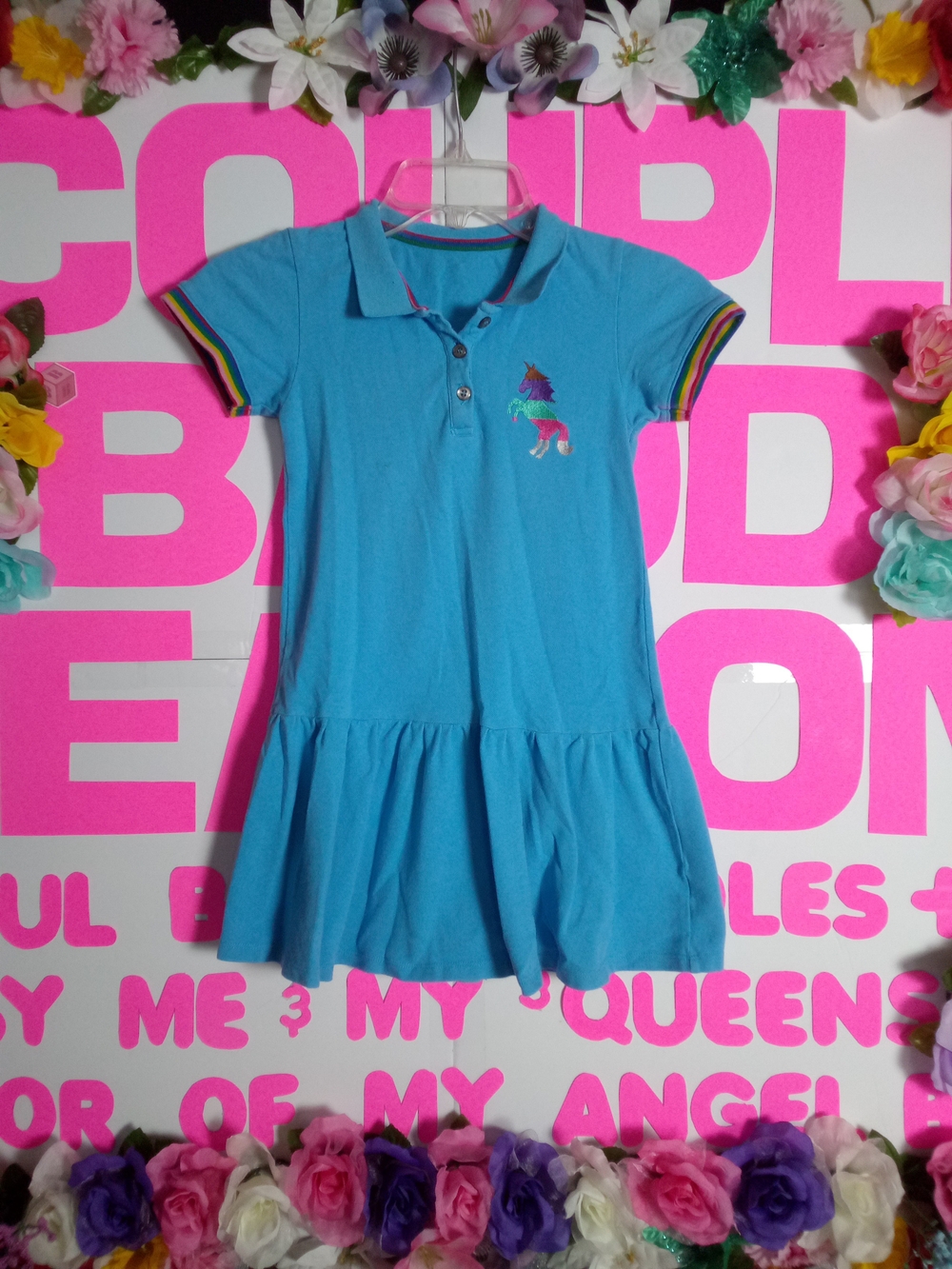 Girls' Dress with Unicorn Embroidery - Turquoise